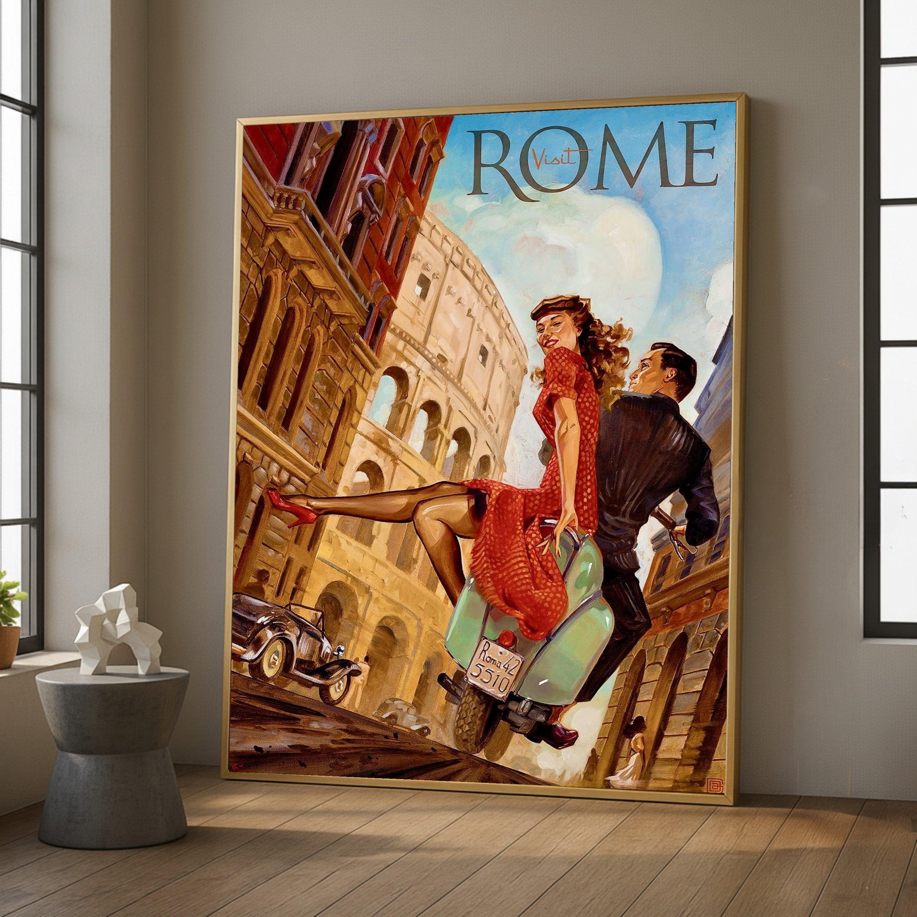Vintage Rome Scooter Couple Canvas Art, Retro Italian Cityscape