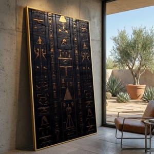 Lienzo con jeroglíficos del antiguo Egipto, arte mural en oro y negro, decoración simbólica egipcia, lámina de arte histórico, decoración mística para el hogar. imagen 1