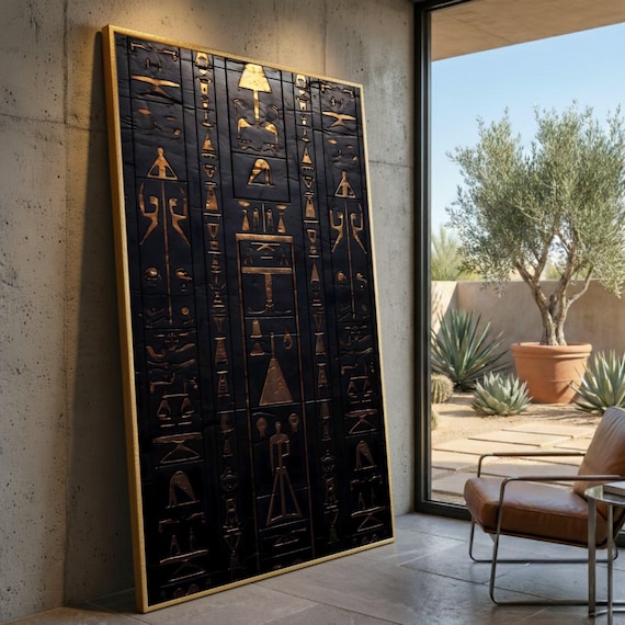 Ancient Egyptian Hieroglyphs Canvas, Gold and Black Wall Art, Symbolic Egyptian Decoration, Historical Art Print, Mystical Home Decor