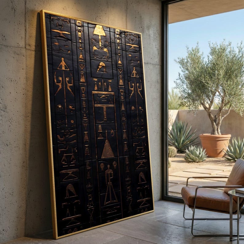 Lienzo con jeroglíficos del antiguo Egipto, arte mural en oro y negro, decoración simbólica egipcia, lámina de arte histórico, decoración mística para el hogar. imagen 1