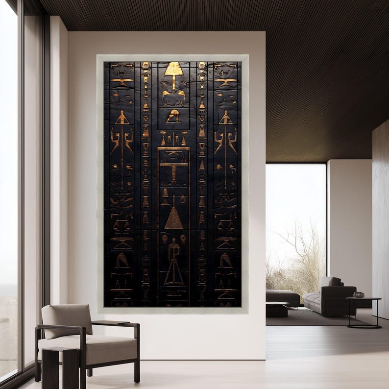 Lienzo con jeroglíficos del antiguo Egipto, arte mural en oro y negro, decoración simbólica egipcia, lámina de arte histórico, decoración mística para el hogar. imagen 5