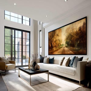 Autumn Tree Lined Road Oversized Wall Art, Sepia Landscape Painting Canvas Wall Art for Rustic Living Room Decor