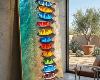 Lienzo con coloridas barcas de remos en la orilla arenosa, arte mural con escena acuática playera, decoración costera vibrante, impresión náutica en lienzo, ambiente de vacaciones de verano.