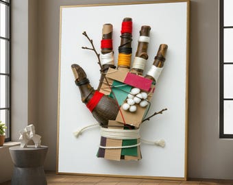 Abstract Mixed Media Hand Canvas Wall Art, Wood and Fabric Collage, Modern Home Decoration, Artistic Design