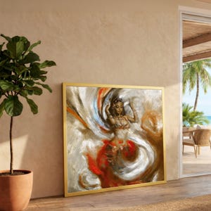 Puede incluir: Pintura enmarcada que representa a una bailarina con falda roja y joyas doradas. La obra de arte presenta pinceladas arremolinadas en tonos blancos, naranjas y marrones. El marco dorado añade un toque de elegancia a la obra.