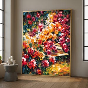 May include: A framed floral painting featuring a garden scene with a bench. The artwork showcases a vibrant display of red, orange, and yellow roses, with green foliage. The painting is in a gold frame and is displayed indoors.