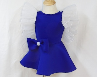 Blue flutter sleeve high low hem dress/bow back dress