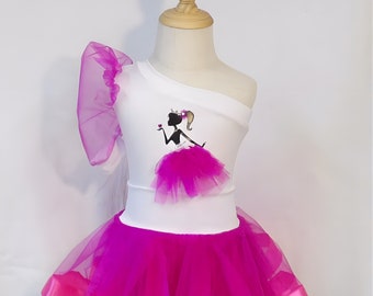 Doll inspired leotard with hot pink puff sleeve and hot pink double skirt with ribbon edge