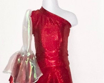 Glitter red one shoulder crop top with iridescent double bell sleeve and matching double bell bell bottoms
