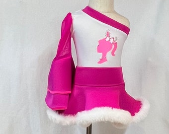 Easter hot pink doll inspired one shoulder leotard with hot pink skirt with fur edge and bunny tail