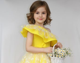 Yellow ruffled one shoulder dress with daisy tulle overlay, pageant dress