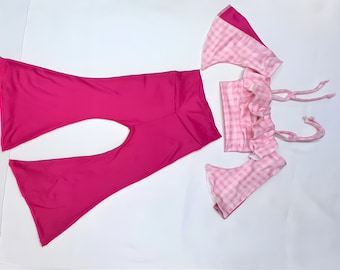 Pink plaid crop top with flared sleeve and hot pink flared pants