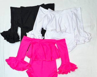 Black, white or neon pink off the shoulders leotard with double bell sleeve