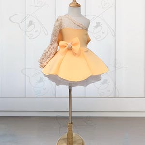 Peach lace top one shoulder dress, pageant dress, flower girl dress, party dress