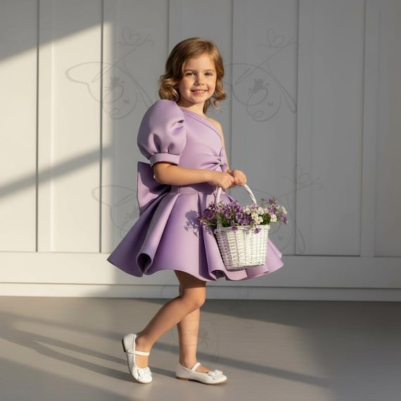 Lavender One Shoulder Bubble Sleeve Dress: Toddler Pageant, Flower Girl Lavender One Shoulder Bubble Sleeve Dress: Toddler Pageant, Flower Girl