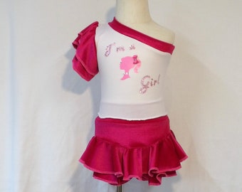 Hot pink doll inspired one shoulder crop top with ruffled skirted shorts