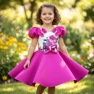 Floral Hot Pink High Low Dress: Corset Back, Bubble Sleeve