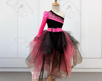 Neon Pink & Black Toddler Pageant Romper: One-Shoulder Overskirt Outfit