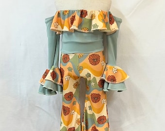 Groovy floral off the shoulders ruffled crop top with double bell sleeves and matching bell bottoms