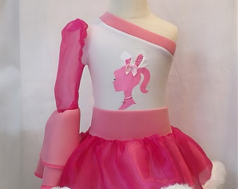 Hot pink Easter one shoulder double bell sleeve leotard with hot pink circle skirt with fake fur
