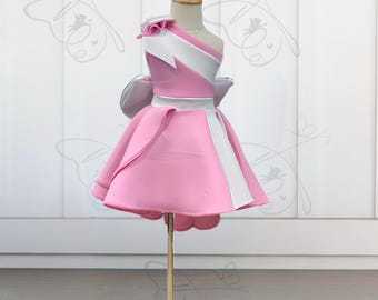 Pink and white one shoulder high low hem dress, pageant dress