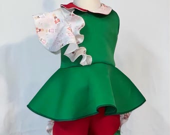 Green and red flounce sleeve peplum top with petter pan collar and matching shorts, Christmas pageant interview outfit