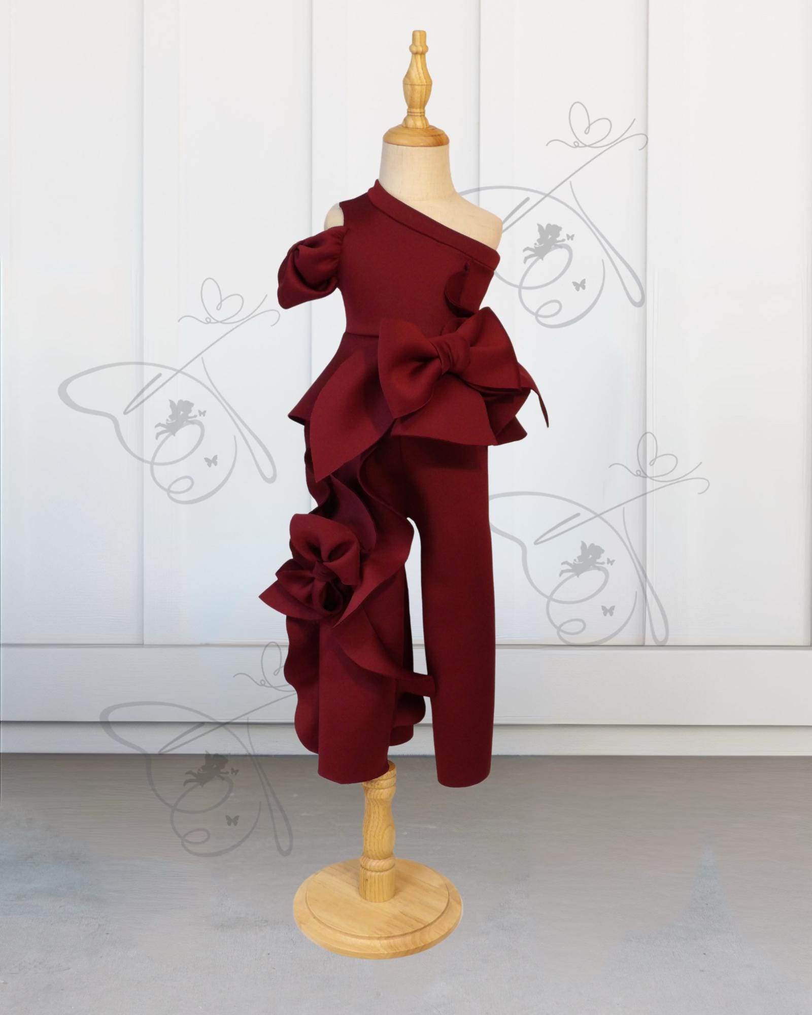 Wine Colored Pageant Set: One-Shoulder Peplum Top, Bow Sleeve, Wide Leg Pants