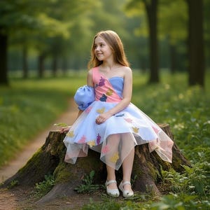 May include: A young person wearing a light blue and pink one-shoulder dress with floral accents, sitting on a tree stump in a park. The dress has a tulle skirt and a blue puff sleeve. White shoes complete the outfit.