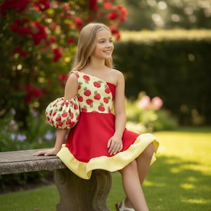 yellow dress with red apples Yellow and red apple print one shoulder dress with puff sleeve, fall pageant dress