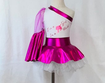 Doll inspired leotard with hot pink pleather bell sleeve and matching pink skirt