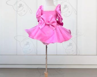 Pink pleated sleeve dress with corset back and hand pearled neckline, pageant dress, flower girl dress