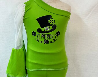 Green apple St Patrick’s Day one shoulder bell sleeve top and bell bottoms