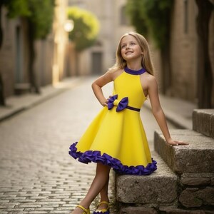 May include: A yellow dress with a purple bow and trim. The dress has a halter neckline and a flared skirt. The girl is wearing yellow sandals with purple accents. The background is a cobblestone street.