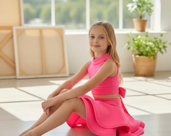 Candy pink halter top and double layer matching skirt, pageant set