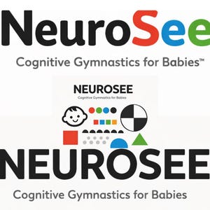 Può includere: L'immagine presenta il logo "NeuroSee" in nero, con "See" in rosso, blu e verde. Sotto il logo c'è il testo "Cognitive Gymnastics for Babies". È presente anche una versione più piccola del logo, insieme a forme colorate e una grafica di un bambino.