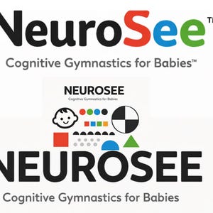 May include: The image features the "NeuroSee" logo in black, with "See" in red, blue, and green. Below, it reads "Cognitive Gymnastics for Babies." A smaller version of the logo is also present, along with colorful shapes and a baby face.