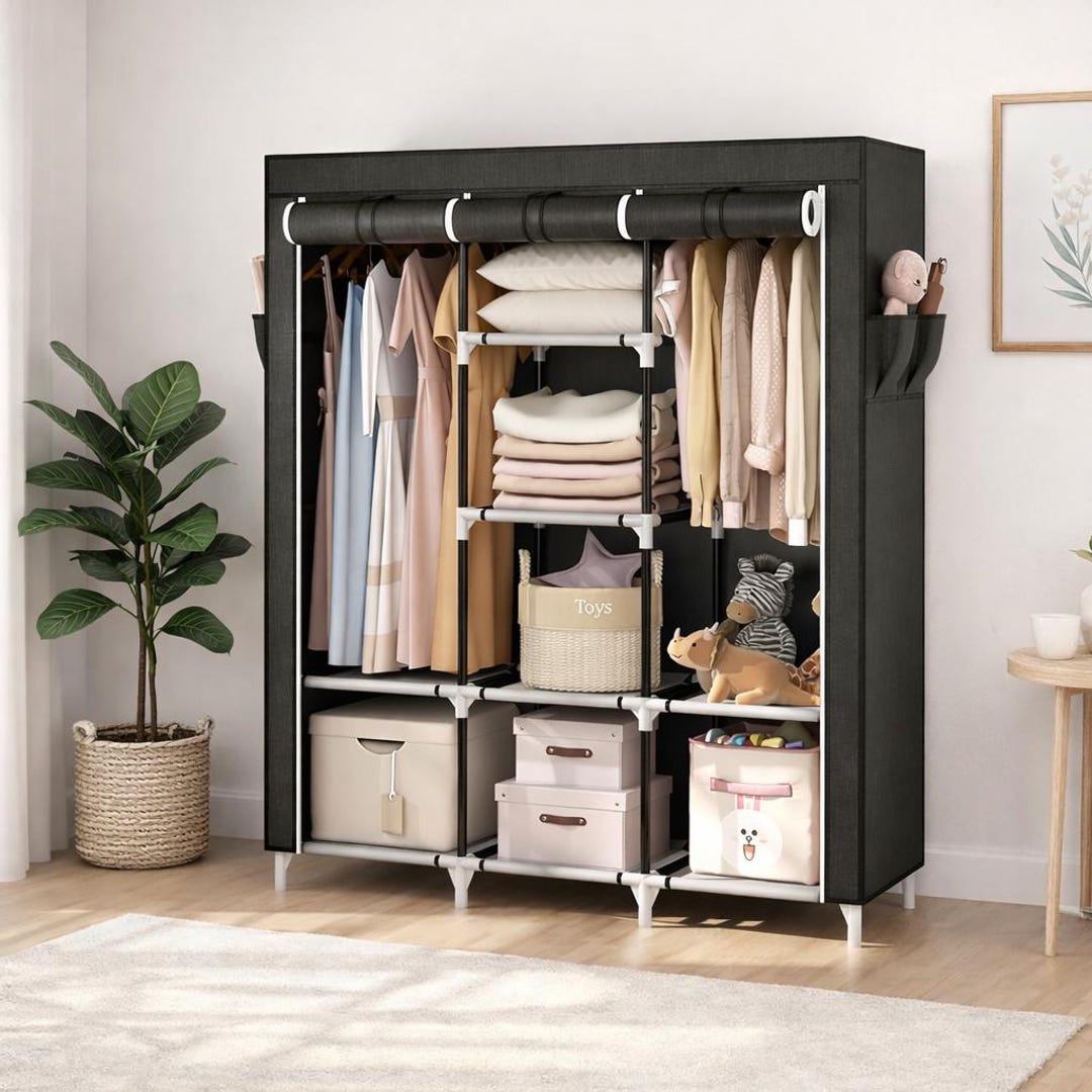 3 Row Storage Rack Portable Closet Wardrobe With Cover, 3 Row Clothing Rack Organizer ...