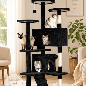 May include: A tall, multi-level cat tree covered in black plush fabric, featuring several platforms, two enclosed cubbies, a small staircase, and white sisal-wrapped scratching posts. Five cats of various breeds are positioned on the different levels.
