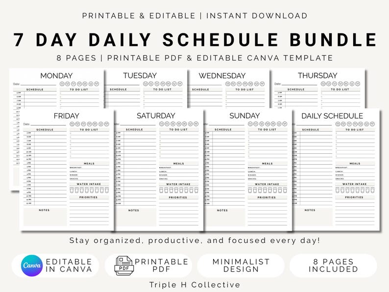 Editable Daily Planner Canva Template + Printable PDF | 7 Day Planner ...