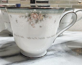 VTG Noritake Greenbrier #4101 Porcelain Floral Footed Tea Cups Platinum Trim-4