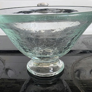 Bol sur pied Monte Dunlavy Blenko en verre craquelé soufflé à la main - Signature estampée