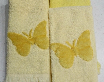 Juego de 4 toallas de mano de algodón vintage Cannon/Dundee con bordado de mariposa amarilla