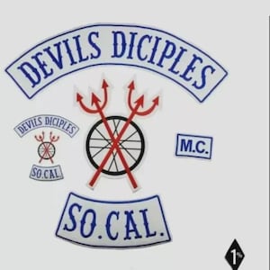 May include: A set of embroidered patches featuring the text Devils Diciples in blue, a central black motorcycle wheel graphic crossed by two red tridents, a blue So. Cal. rocker patch, a small M.C. rectangle, and a black diamond patch with 1% text.
