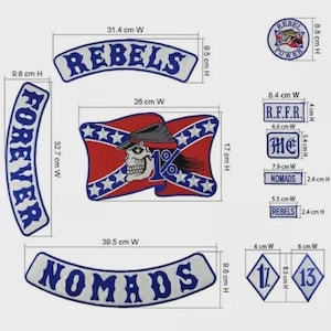 May include: A set of embroidered patches including a large central flag patch with a skull and 1% text, curved rockers reading REBELS and NOMADS, and smaller patches with text like R.F.F.R., MC, and numbers 1 and 13, with dimensions in cm.