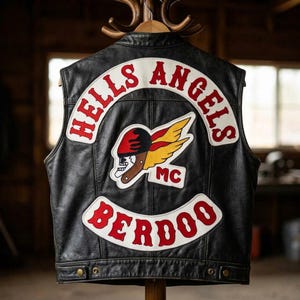 May include: A black leather vest featuring embroidered patches on the back. The top patch reads HELLS ANGELS in red text on white. A central patch depicts a winged skull logo with the letters MC. The bottom patch reads BERDOO in red.