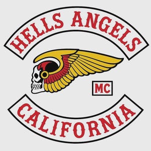 May include: A graphic patch featuring the text HELLS ANGELS in red on a white curved banner, with a central winged skull emblem in yellow, red, and black. Below the wing is a small square with the letters MC, and a lower banner reads CALIFORNIA.