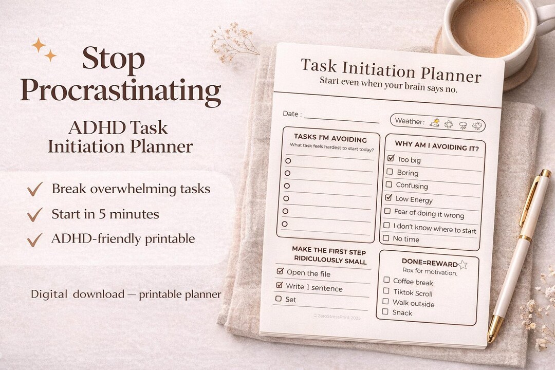 Task Initiation Worksheet ADHD Stop Procrastinating Planner | Task Initiation Worksheet ...