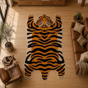 May include: A large area rug shaped like a tiger pelt, featuring a bold pattern of black stripes on an orange background with cream-colored accents. The rug is designed with a detailed tiger head at the top and four extended paws at the corners.