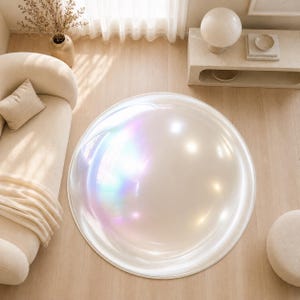 May include: A large, circular area rug featuring a smooth, iridescent surface that reflects light with a pearlescent sheen, displaying shifting hues of soft pink, blue, and violet across its glossy, dome-like, and reflective finish.