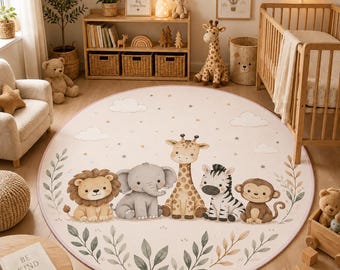 Tapis de sol pour chambre d'enfant sur le thème des animaux de safari – Tapis de sol aquarelle jungle